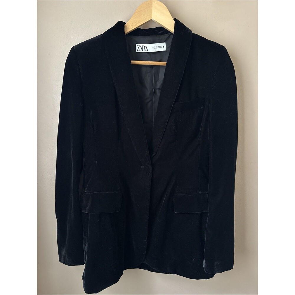 Zara Velvet Blazer Womens XS Black Oversized Jacket Chic